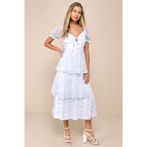 Lulus Precious Sweetie White And Blue Gingham Embroidered Midi Dress - Size M